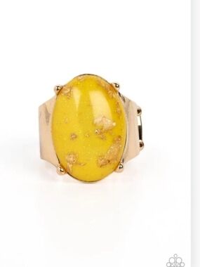 Leaf Glam Paparazzi Gold-Tone Ring with Bold Yellow Oval Stone